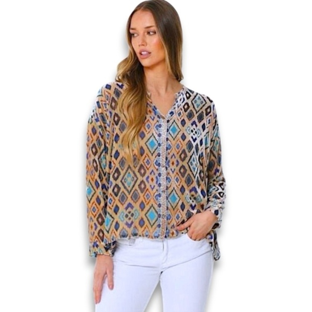 Johnny Was Ikat Multicolor Silk-Blend Blouse